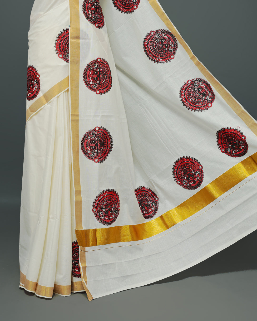 Cream colour Kerala saree Featuring an Elegant plain body, complemented by a classic gold zari with Indian art form print on border, matching blouse piece.