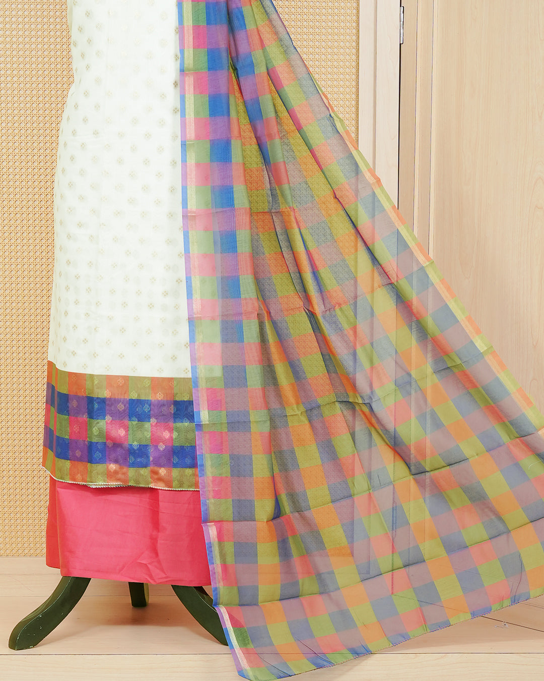 White & Pink Chanderi salwar material featuring Gold zari Small motifs on body and Check pattern body, paired with matching colour santoon bottom, elegant dupatta.