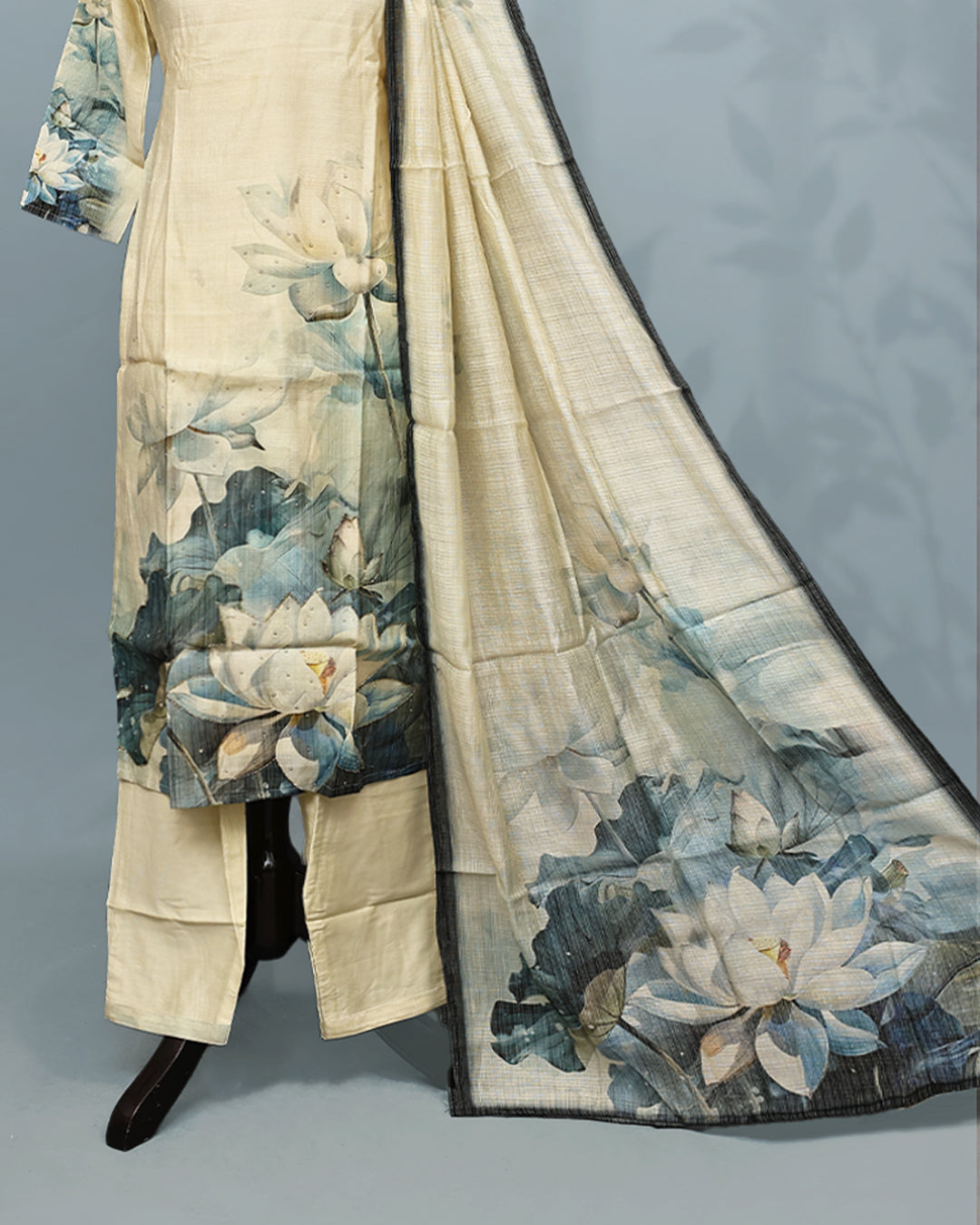 Cream colour Salwar set comes top with beats Work on neck line and Digital print on body, paired with matching bottom and dupatta.
