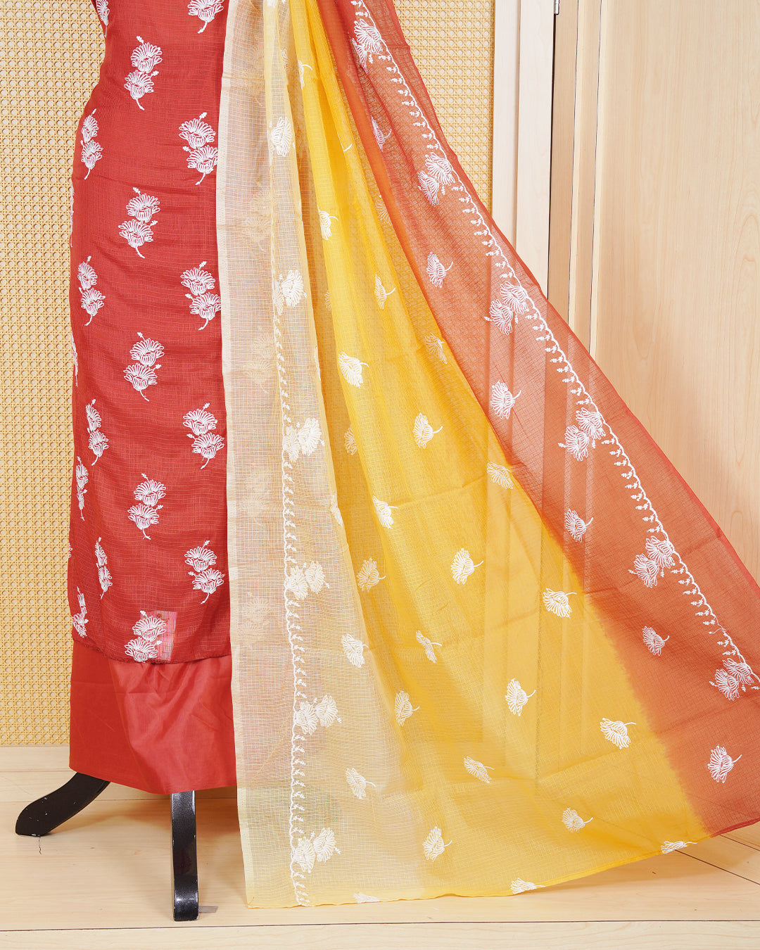 Burnt Orange & yellow Colour Net Kota Material Featuring Floral Thread Pattern on Body, Paired with Matching Bottom & Elegant Dupatta