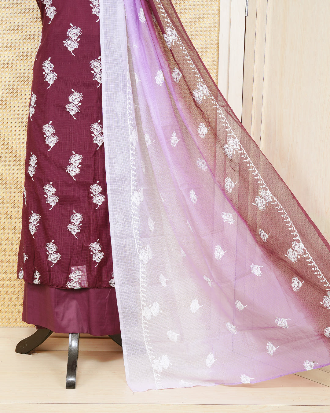 Maroon and lavender colour net kota salwar material Featuring Floral thread motifs on body, paired with matching bottom & Elegant Dupatta