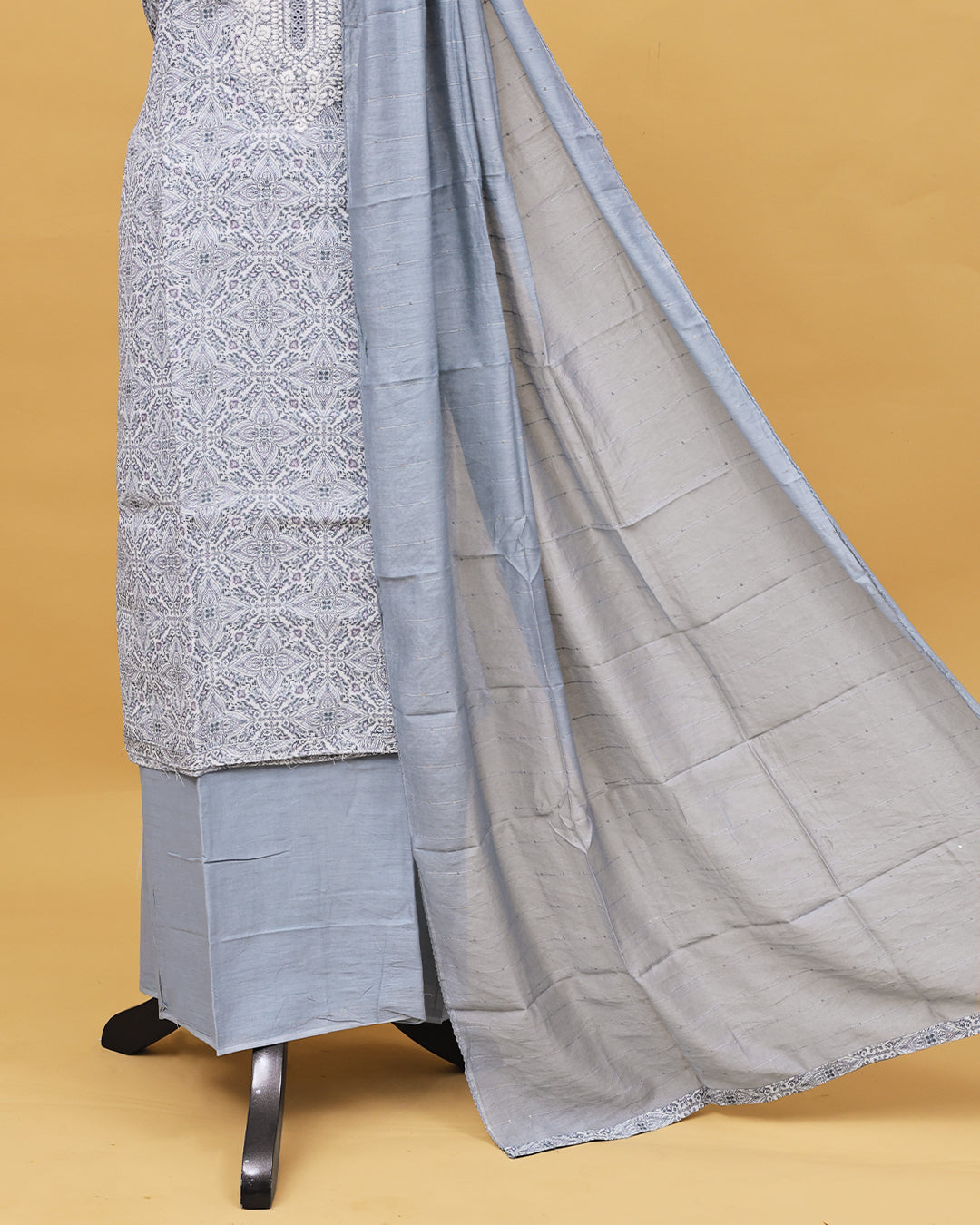 Cream colour Net cotton Salwar material with Grey colour floral kodi pattern work on body, matching bottom & Dupatta.