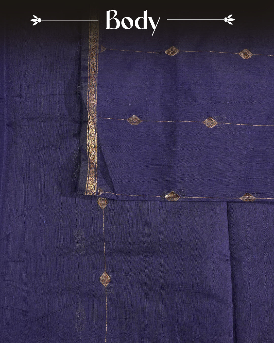 Navy Blue colour Kalyani cotton saree featuring a gold zari floral pattern on the body, complemented by a Maroon pallu with gold zari stripes and a floral zari border, paired with a matching blouse piece