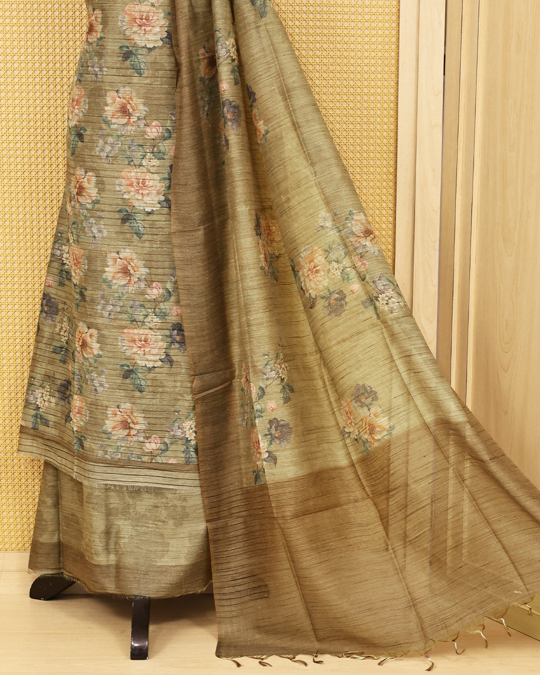Light Olive colour Organza Salwar Material featuring elegant floral digital prints on the kurta, paired with a matching solid bottom and a graceful plain dupatta.