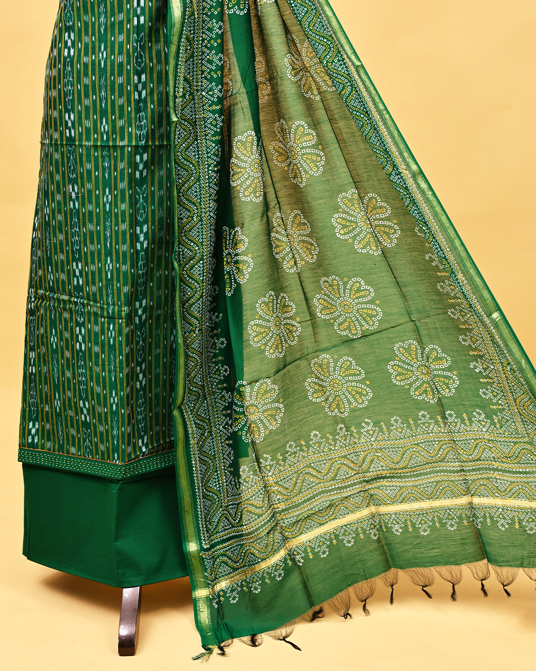 Green colour cotton Salwar material with Strip pattern on body, matching bottom & Dupatta.