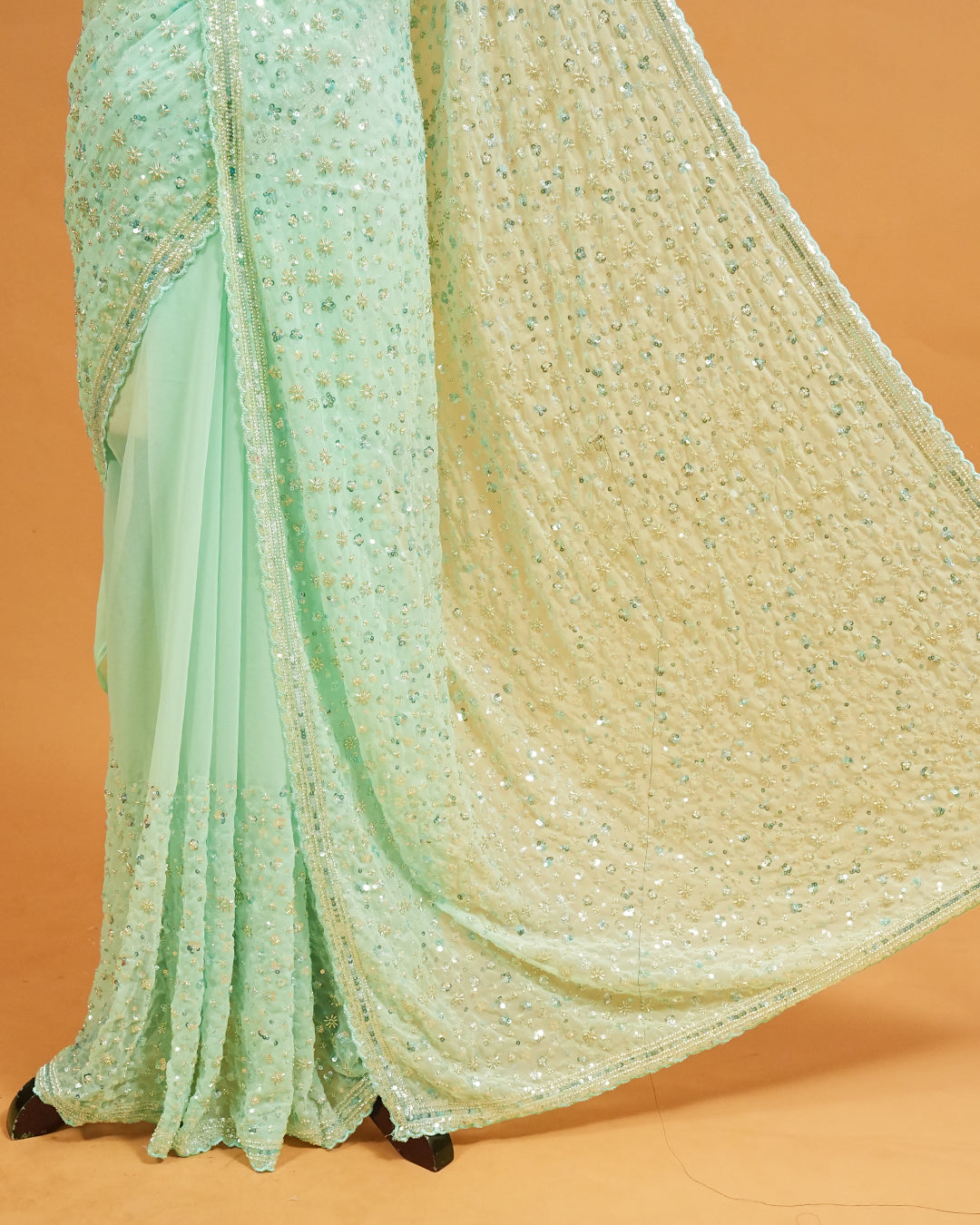 Mint colour Organza saree with Cut Beats & Sequins.