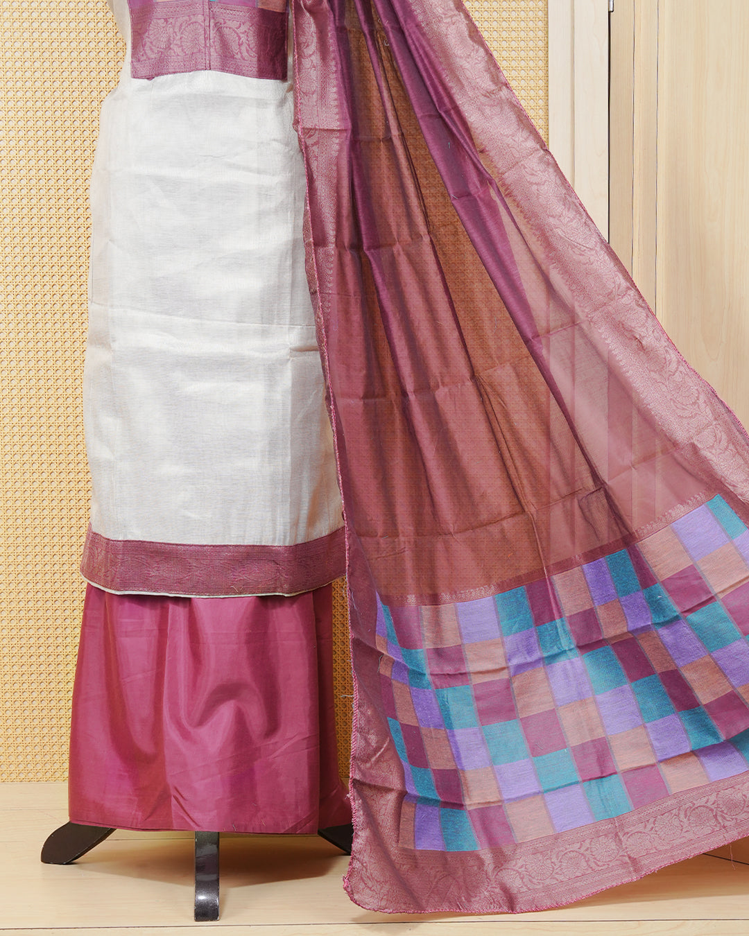 Cream colour Tissue Salwar Material Featuring Plain Body, multi colour check pattern on chest portion Paired With a Matching Bottom and an Elegant Dupatta.