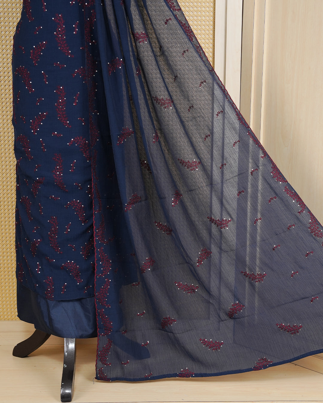 Dark Blue Colour Organza Salwar Material Featuring Thread and Mirorr Work on body, Paired With Matching Bottom & Elegant Dupatta