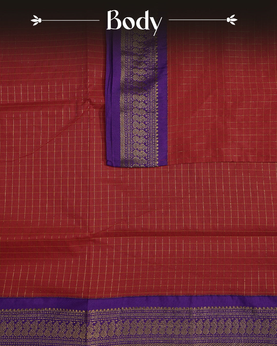 Red colour kalyani cotton saree featuring gold zari check pattern on body, complemented by Purple colour with Antique zari border, paired with matching blouse piece