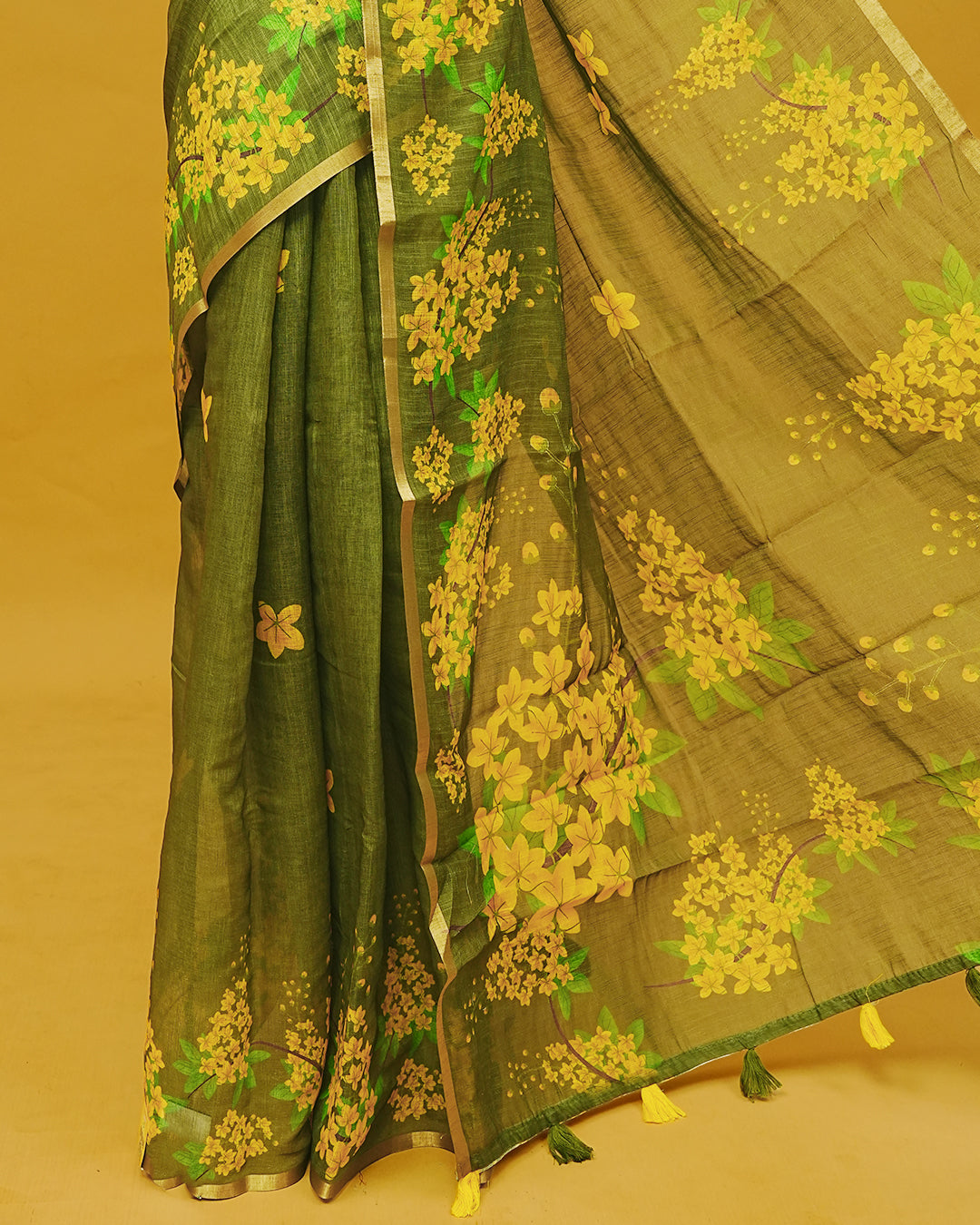 Green Colour Semi Linen Saree
