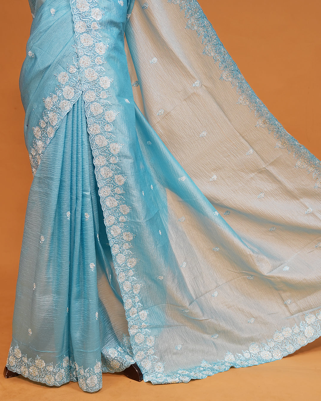 Pastel Blue colour Crush organza saree with Cut Beats & Sequins.