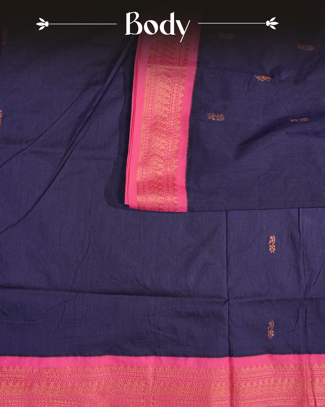 Navy Blue colour Kalyani cotton saree featuring delicate antique zari floral butta motifs on the body, complemented by a Magenta contrast pallu with a rich antique zari peacock border, paired with a matching Magenta blouse piece