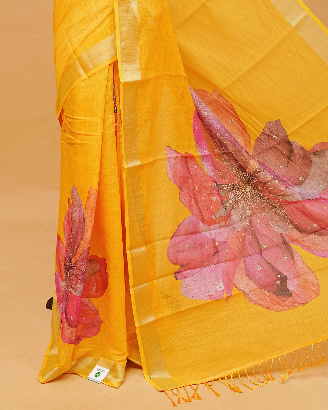 Sunny Yellow Colour Semi Linen Saree featuring Bold Flower prints, paired with matching blouse piece.