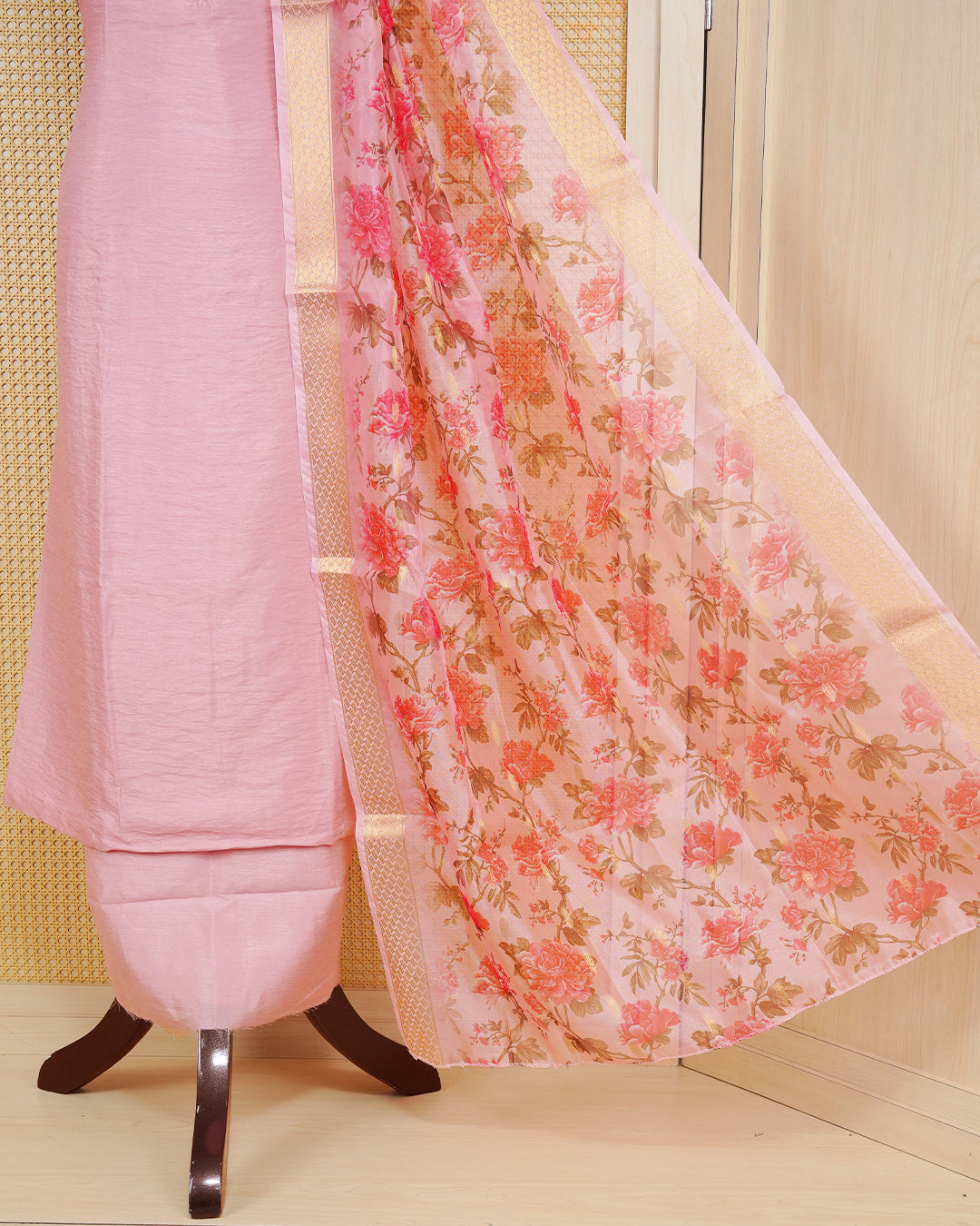 Peach Colour Organza Salwar Material Featuring Plain on body, Paired With Matching Bottom & Elegant Dupatta