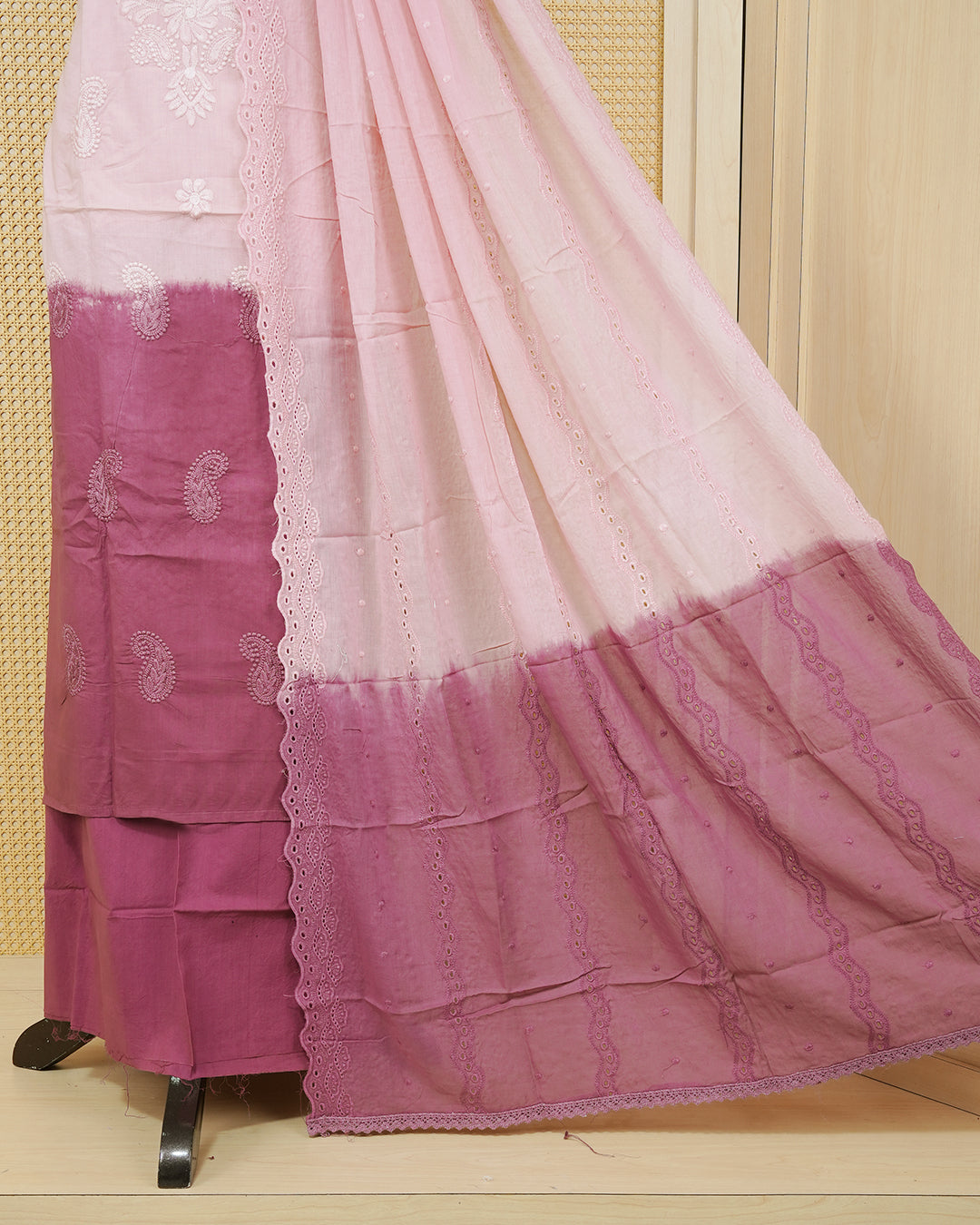 Baby Pink & Dark mauve colour half an half Cotton Salwar material featuring an elegant Floral Chikankari Work on the body, paired with a matching bottom and an elegant dupatta.