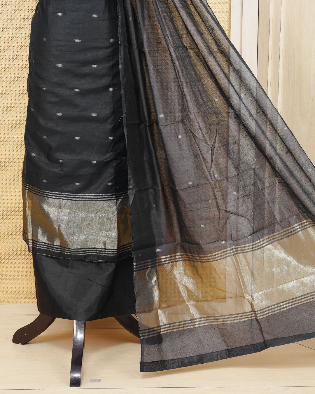 Black Colour Mul Chanderi Salwar Material Featuring Gold Zari Buttas on body, Paired With Matching Mottom & Elegant Dupatta