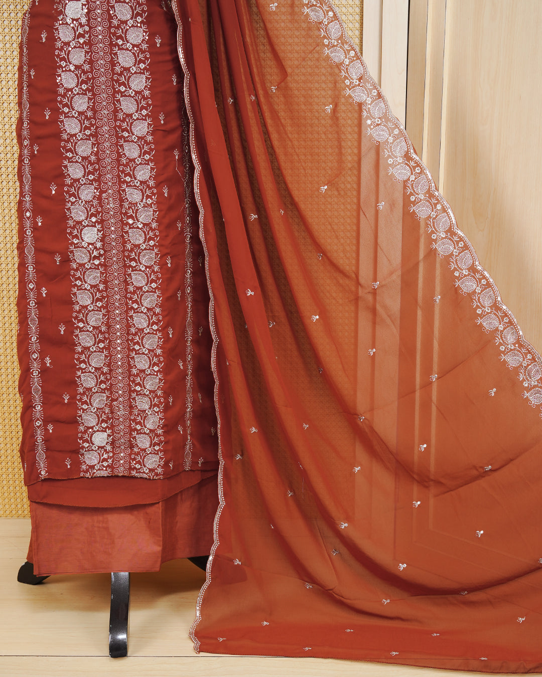 Brown Colour Georgette Salwar Material Featuring Gold Thread Work on body, Paired With Matching Bottom & Elegant Dupatta