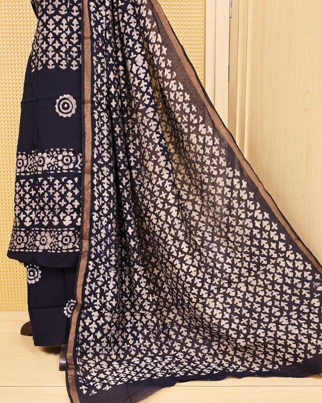 Navy Blue colour chanderi Salwar material Floral print on body, paired with matching bottom & Dupatta.