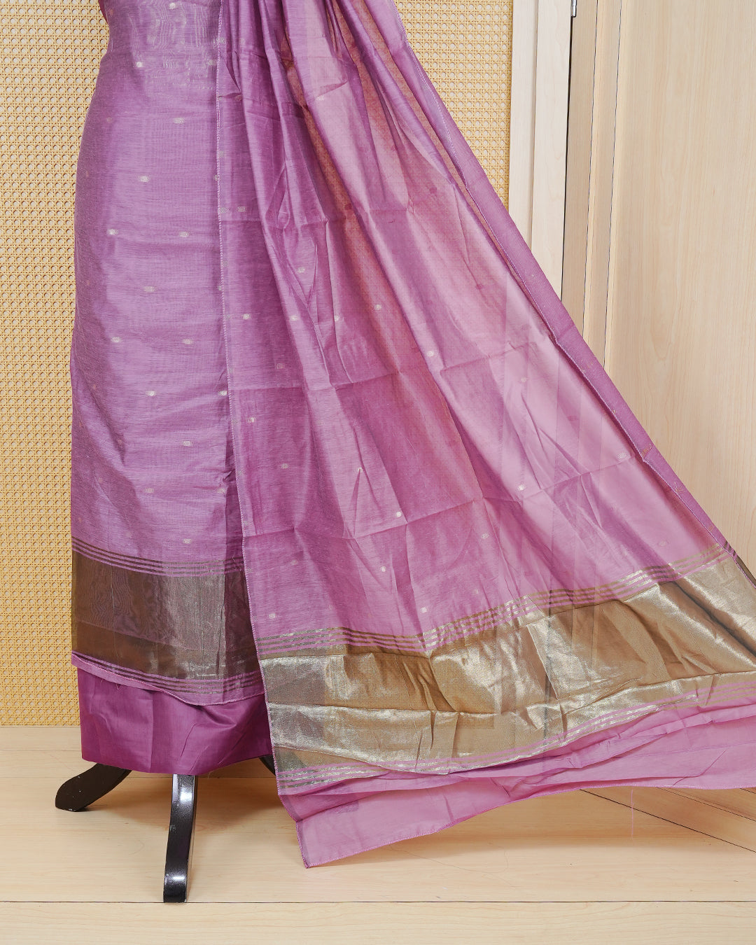 Dusty Lavender Colour Mul Chanderi Salwar Material Featuring Gold Zari Buttas on body, Paired With Matching Mottom & Elegant Dupatta