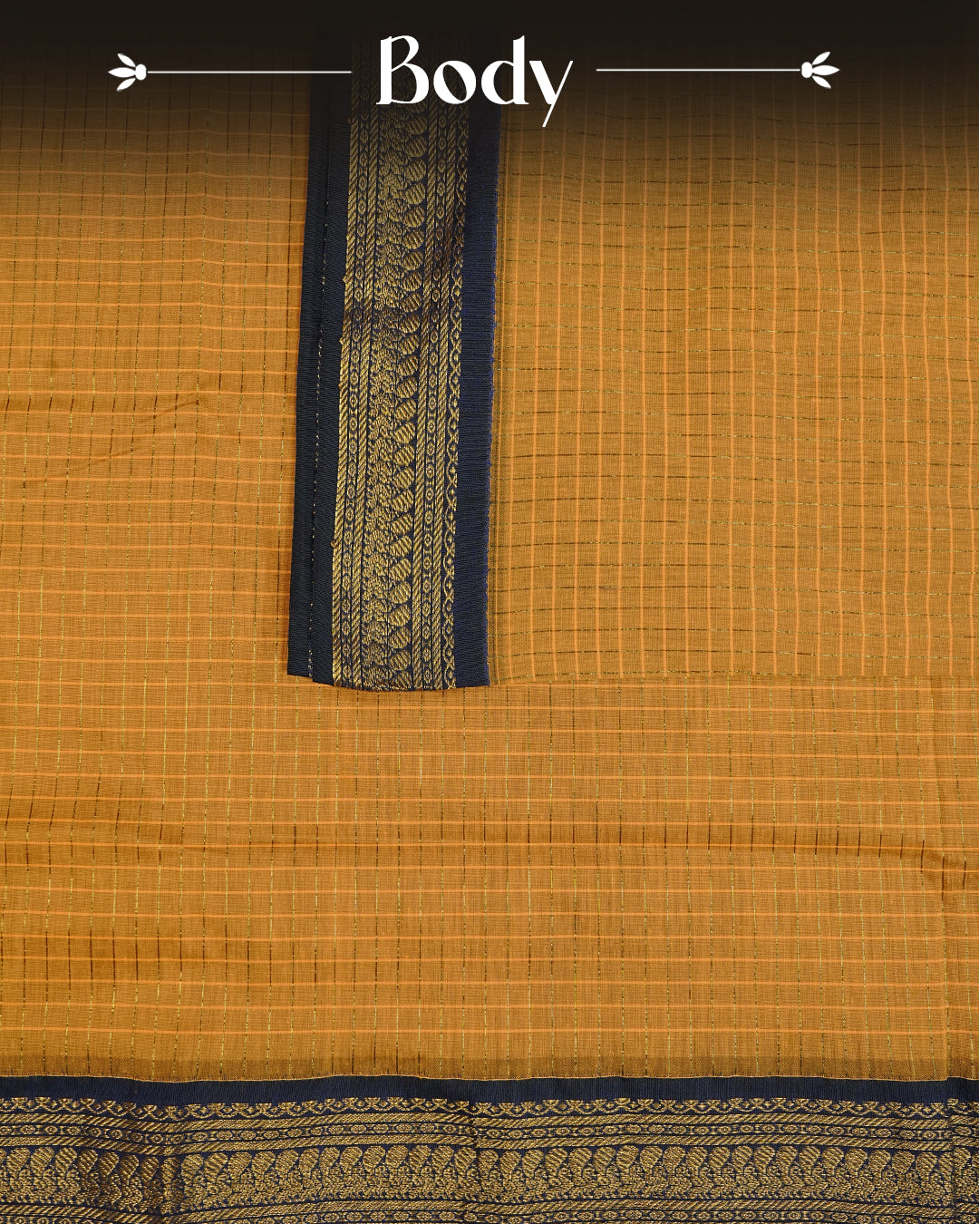 Mustard colour kalyani cotton saree featuring gold zari check pattern on body, complemented by Violet colour with Antique zari border, paired with matching blouse piece