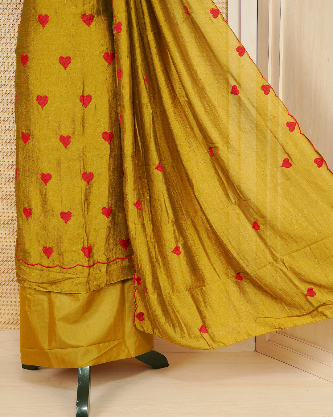 Golden Olive Colour Georgette Salwar Material Featuring Red Heart Shape Thread Work on body, Paired With Matching Bottom & Elegant Dupatta