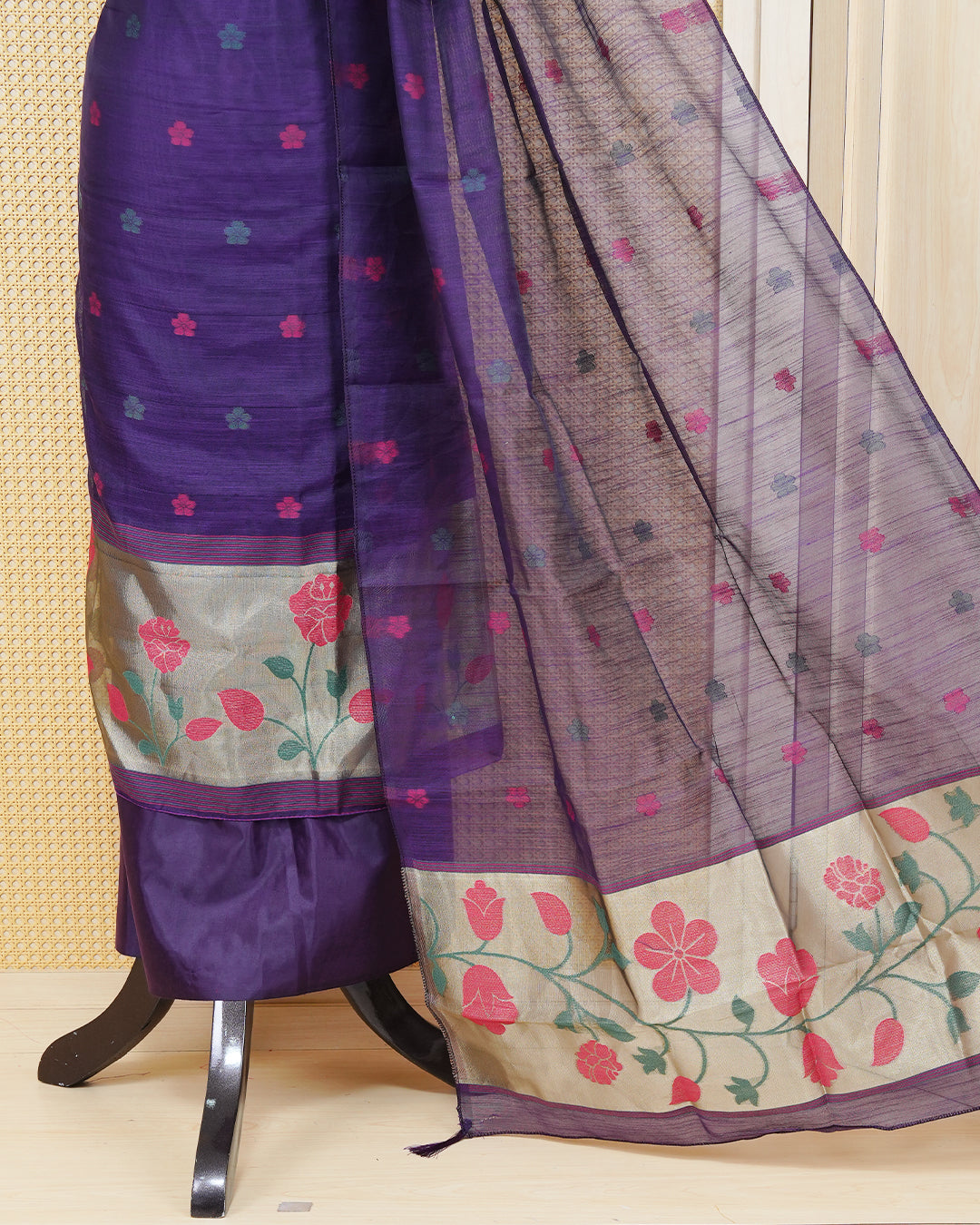 Dark purple Colour Semi Linen suit Material Featuring Floral Thread motifs on Body, Paired with Matching Bottom & Elegant Dupatta