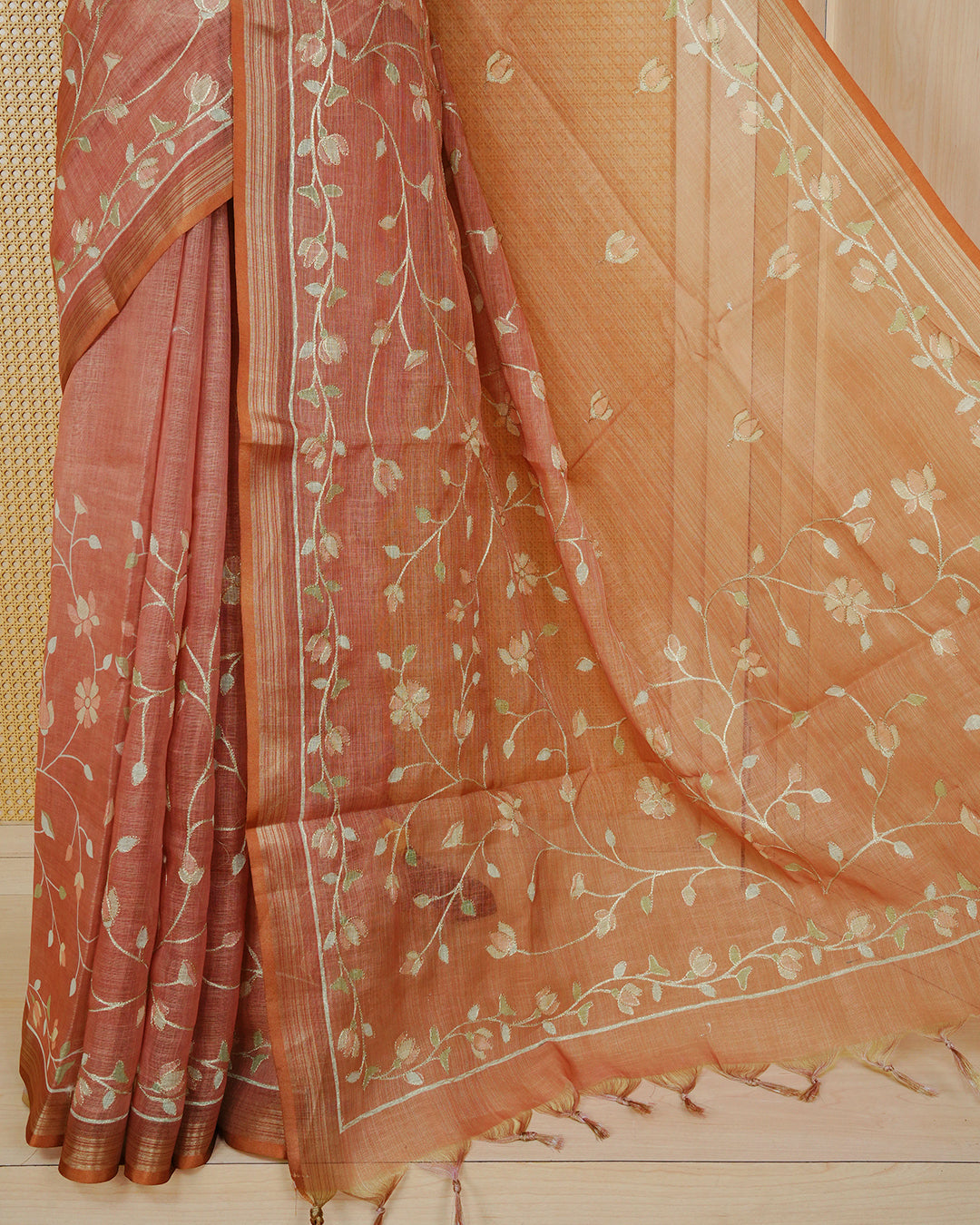 Peach colour linen tissue BKU inspired saree.
