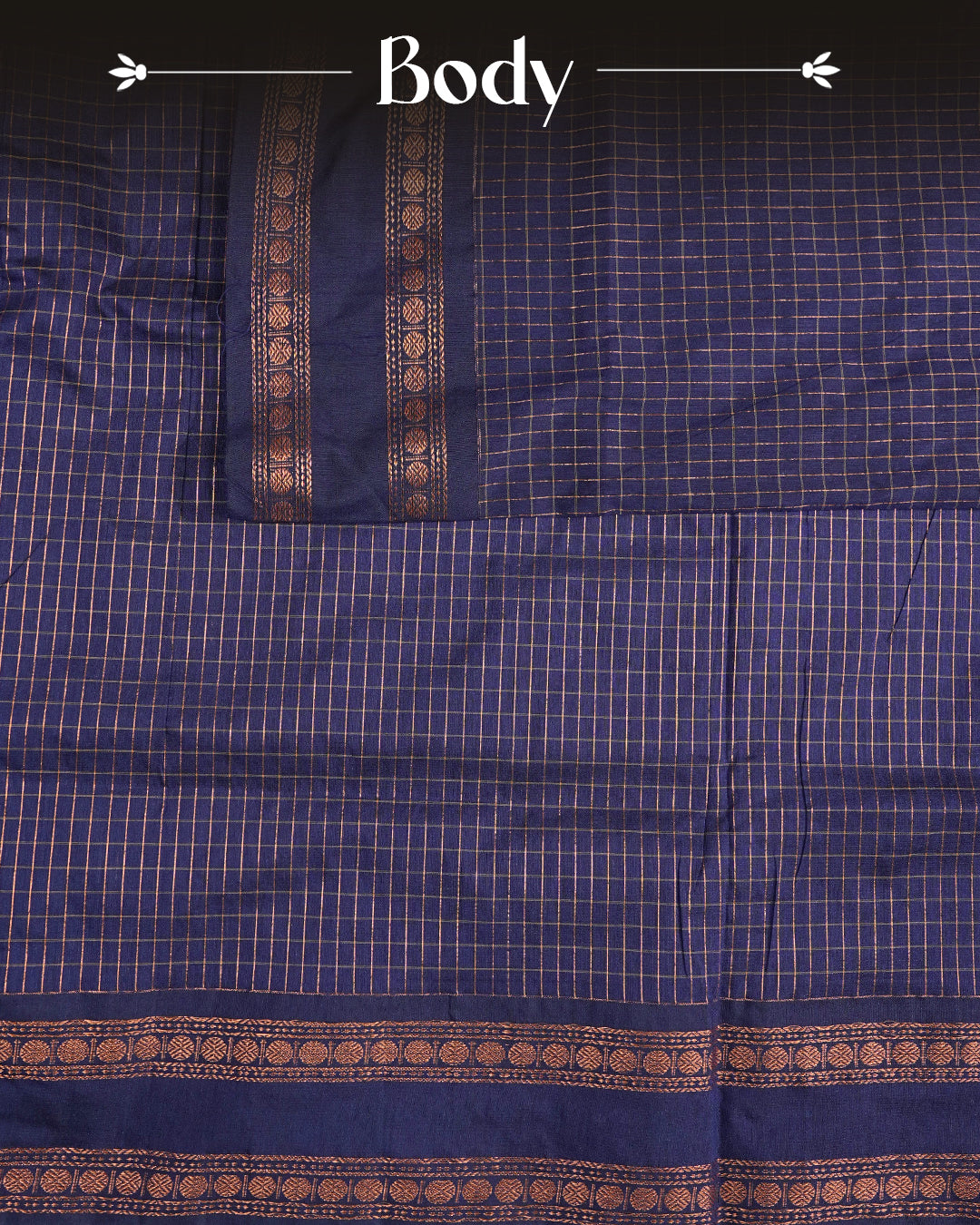 Navy Blue colour kalyani cotton saree featuring zari check pattern on body, complemented by Contrast colour with Antique zari border, paired with matching blouse piece