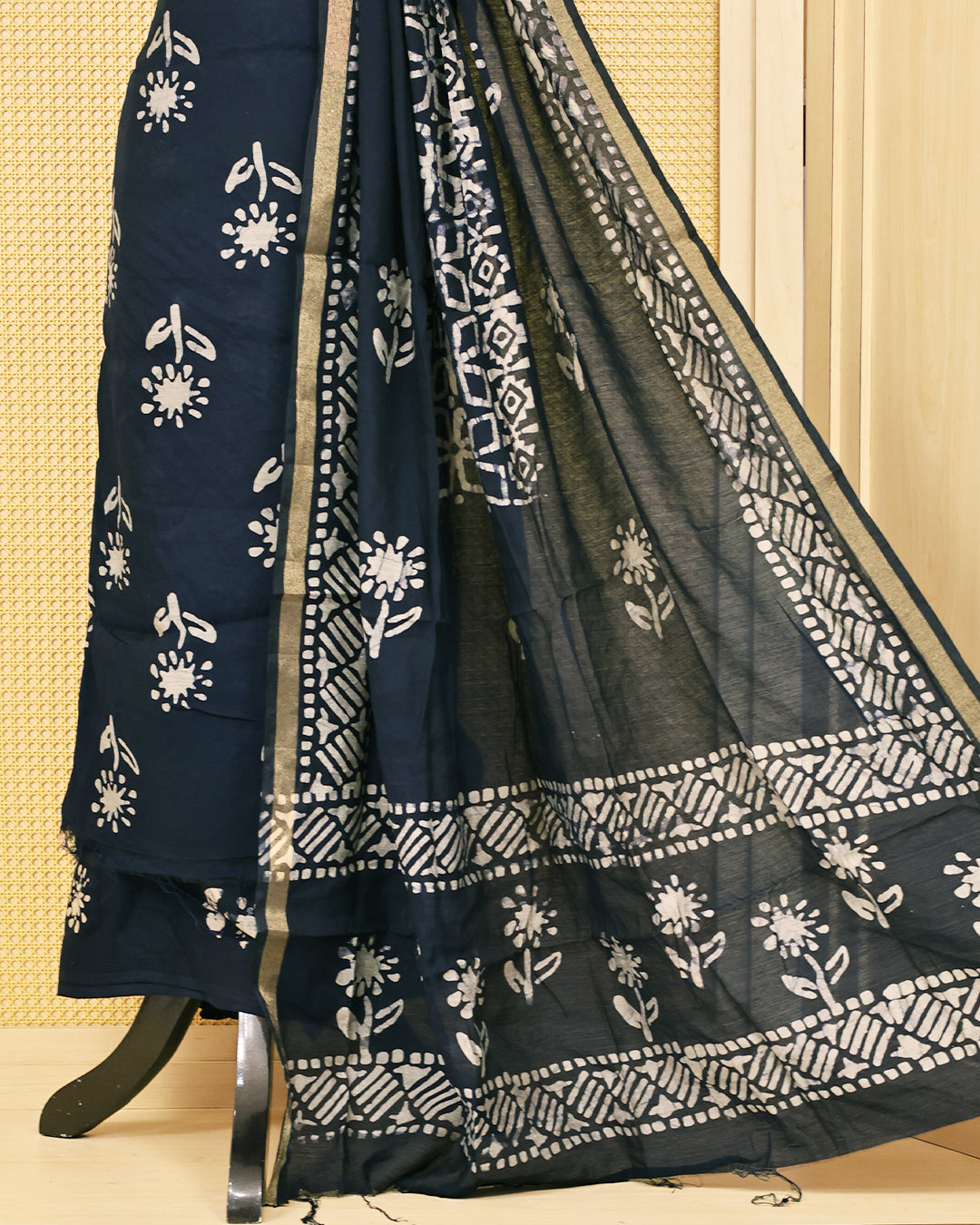 Navy blue colour chanderi Salwar Material with floral printed kurta & matching bottom and printed dupatta.