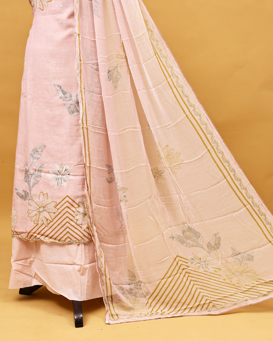 Light Pink colour Linen Salwar material with Thread With print work on body, matching bottom & Dupatta.
