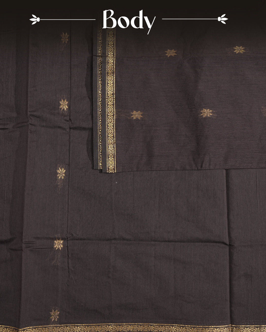 Dark Brown colour kalyani cotton saree featuring gold zari Floral pattern on body, complemented by Black colour with Stripes & Floral Gold zari border, paired with matching blouse piece