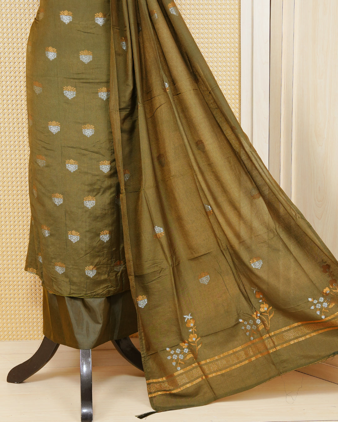 Olive green colour Banaras salwar material Featuring Gold & silver Zari Floral motifs on body, paired with matching bottom & Elegant Dupatta