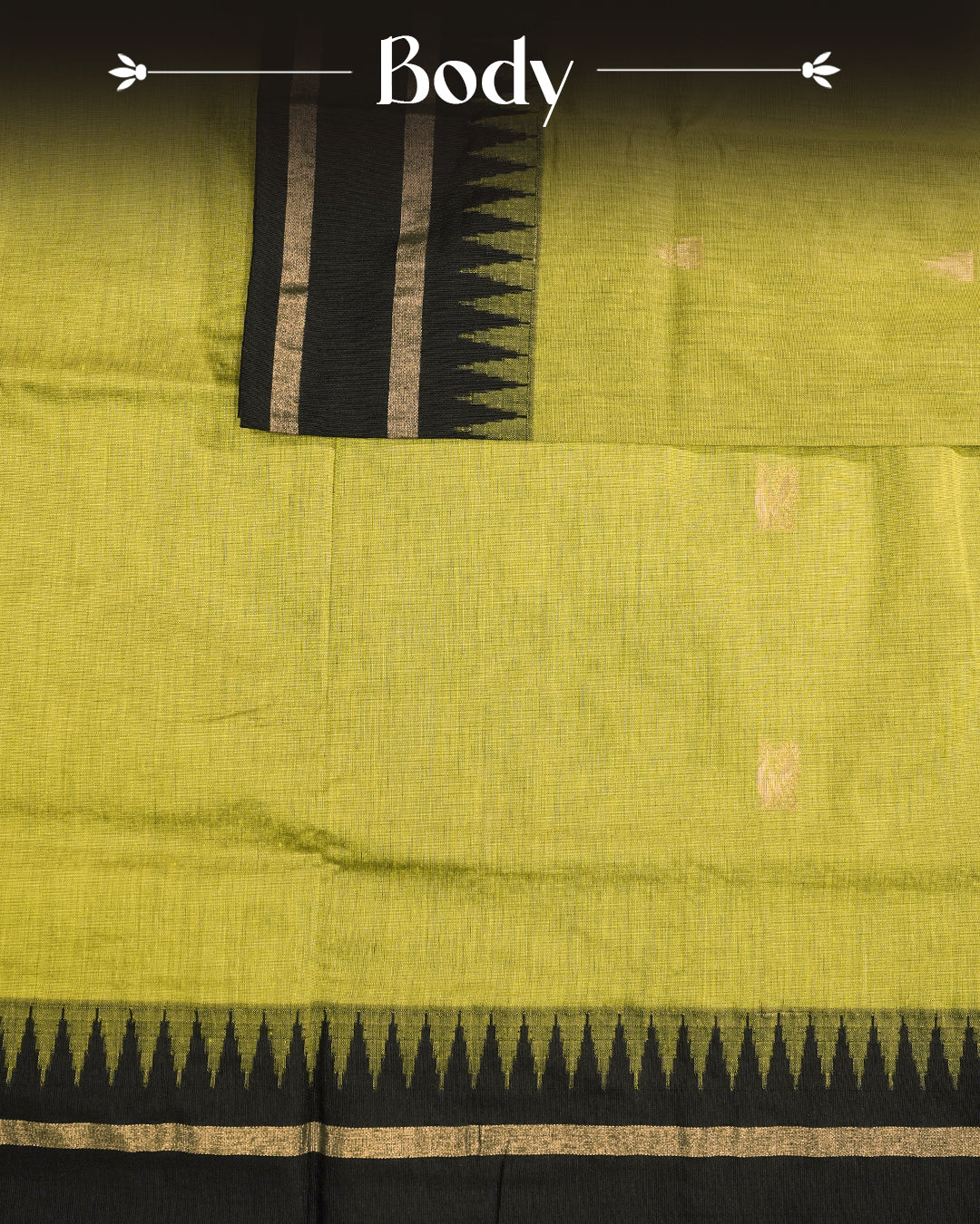 Light Green colour kalyani cotton saree featuring gold zari Motifs on body, complemented by Black colour with Gold zari border, paired with matching blouse piece