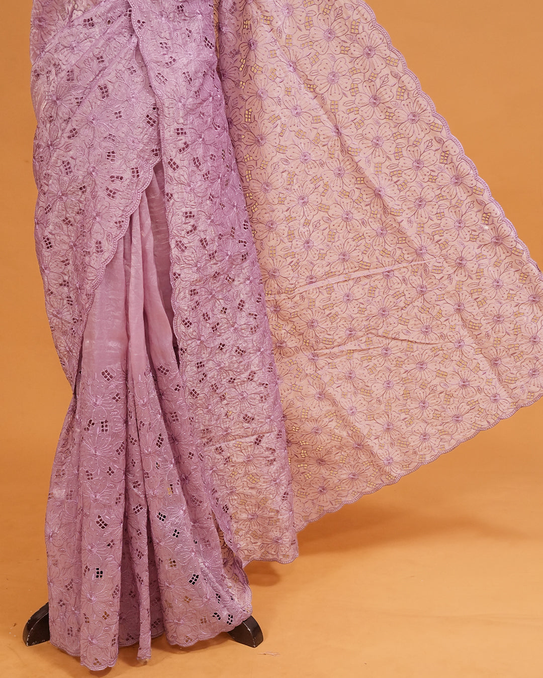 Pastel purple colour Crush organza saree with Thread work.
