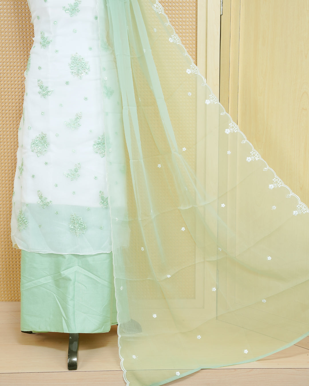 White Colour Organza Salwar Material Featuring Green Thread Work with sequins on body, Paired With Matching Bottom & Elegant Dupatta