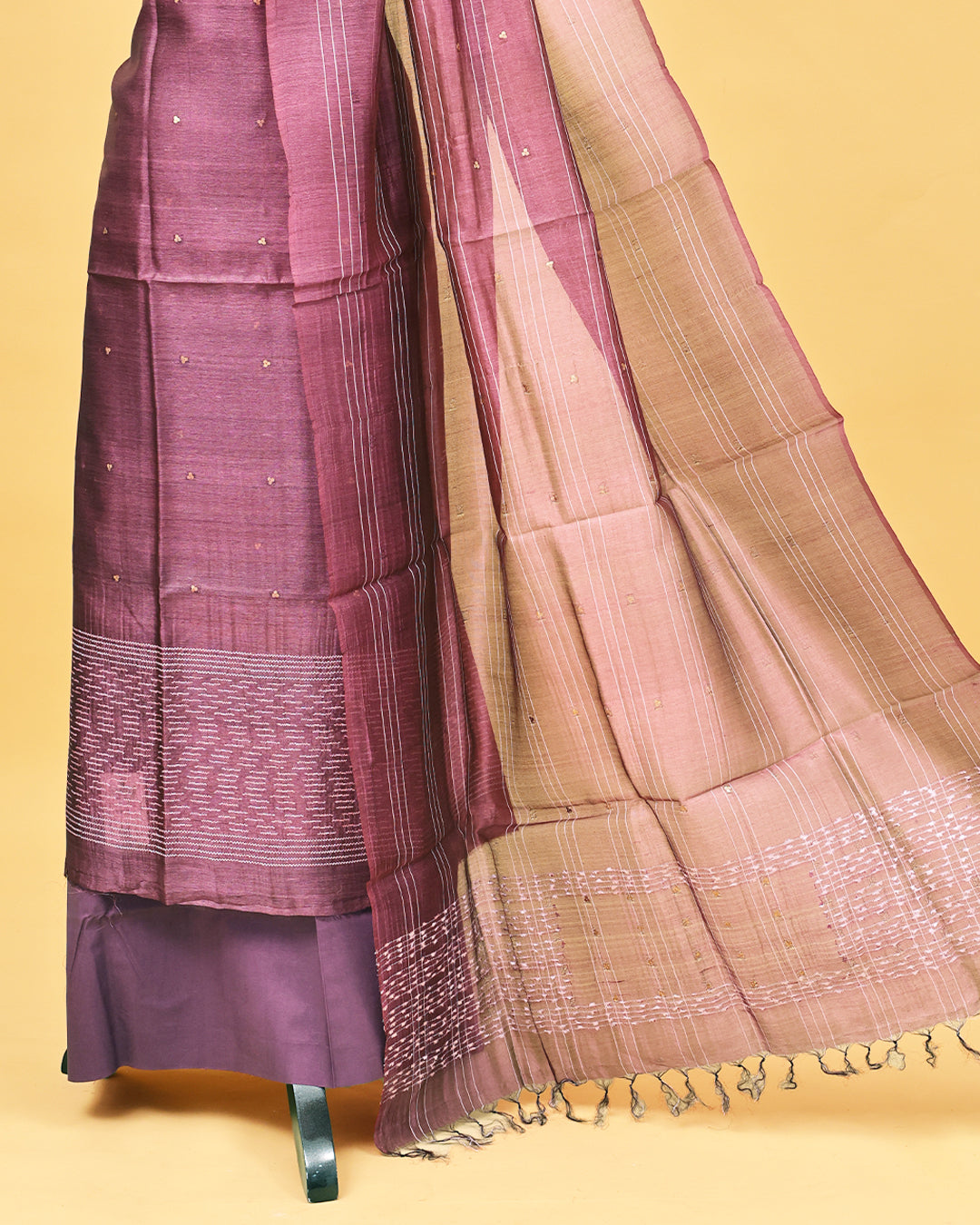 Wine colour Tissue Salwar material with thread work on body, matching bottom & Dupatta.