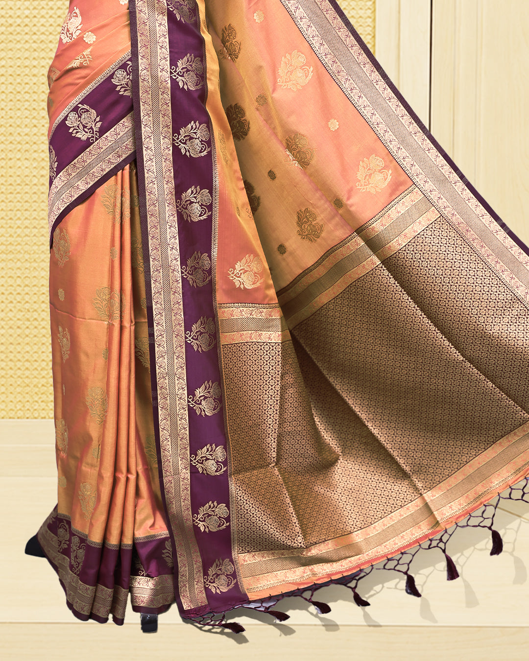 Copper & gold double shade Mulberry silk saree featuring floral gold zari patterns on body, paired with contrast purple colour with traditional border, comes with matching blouse piece.