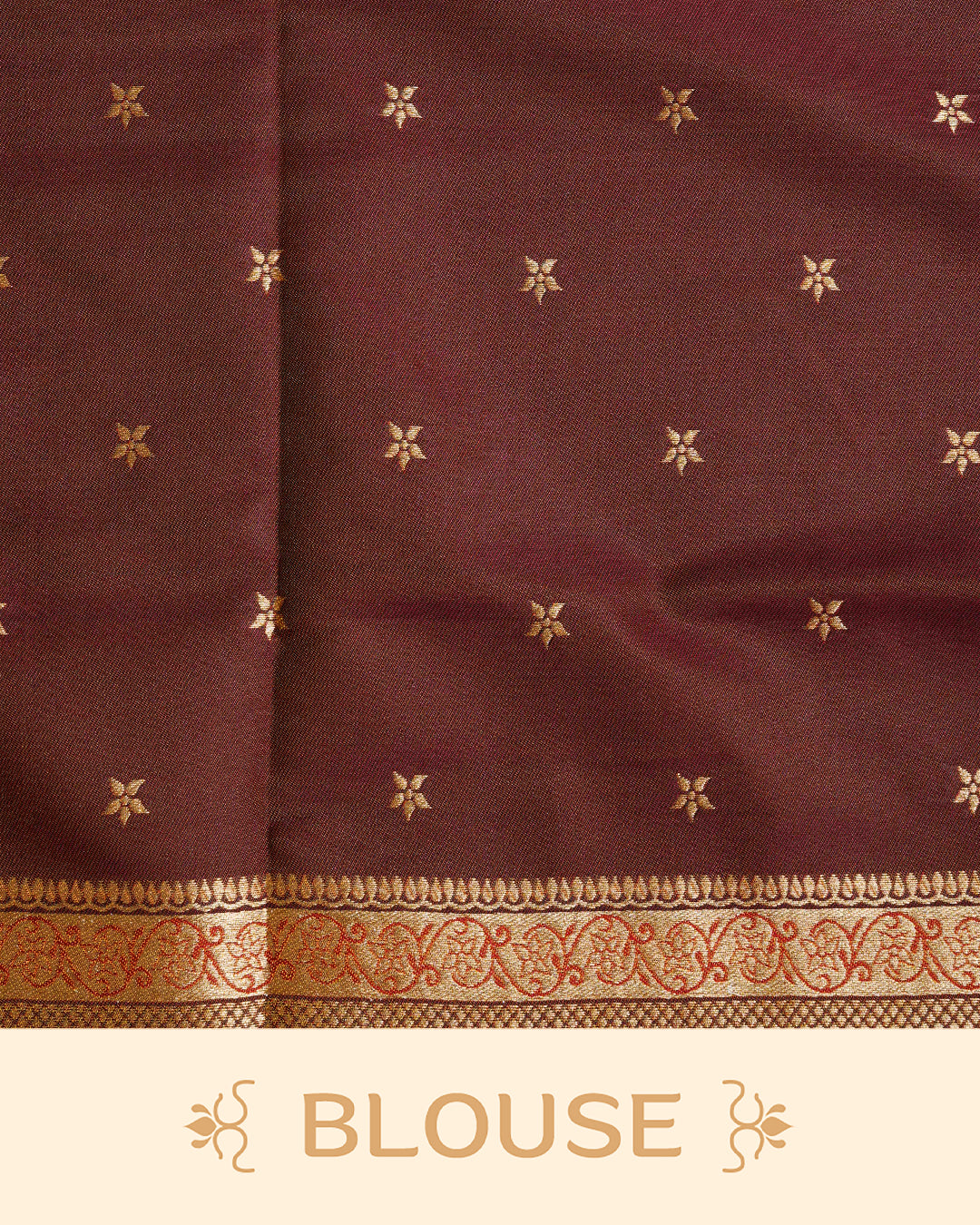 Rust orange colour Mulberry silk saree featuring gold floral zari patterns on body, paired with contrast maroon colour with traditional border, comes with matching blouse piece.