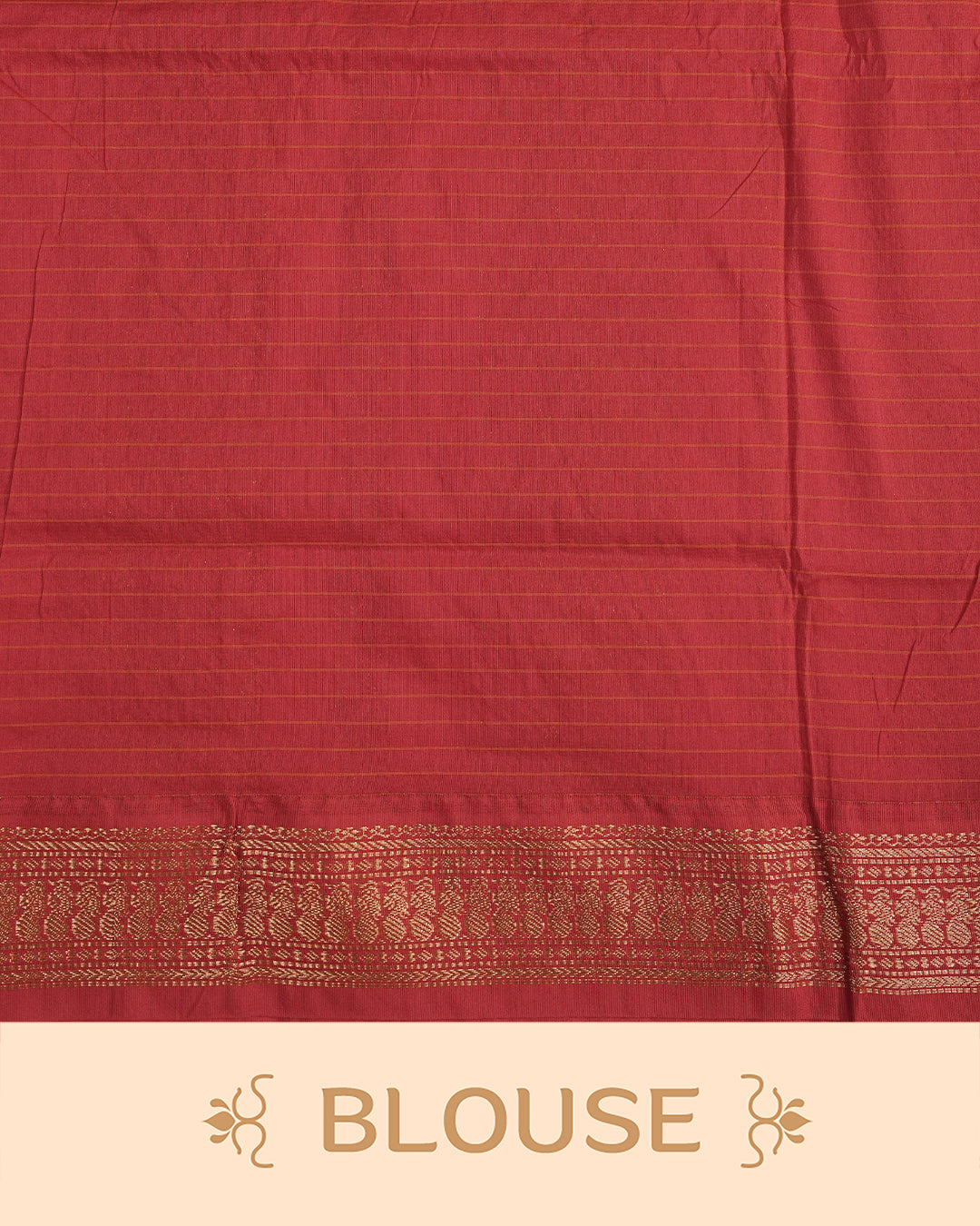 Orange colour kalyani cotton saree featuring gold zari check pattern on body, complemented by Red colour with Antique zari border, paired with matching blouse piece
