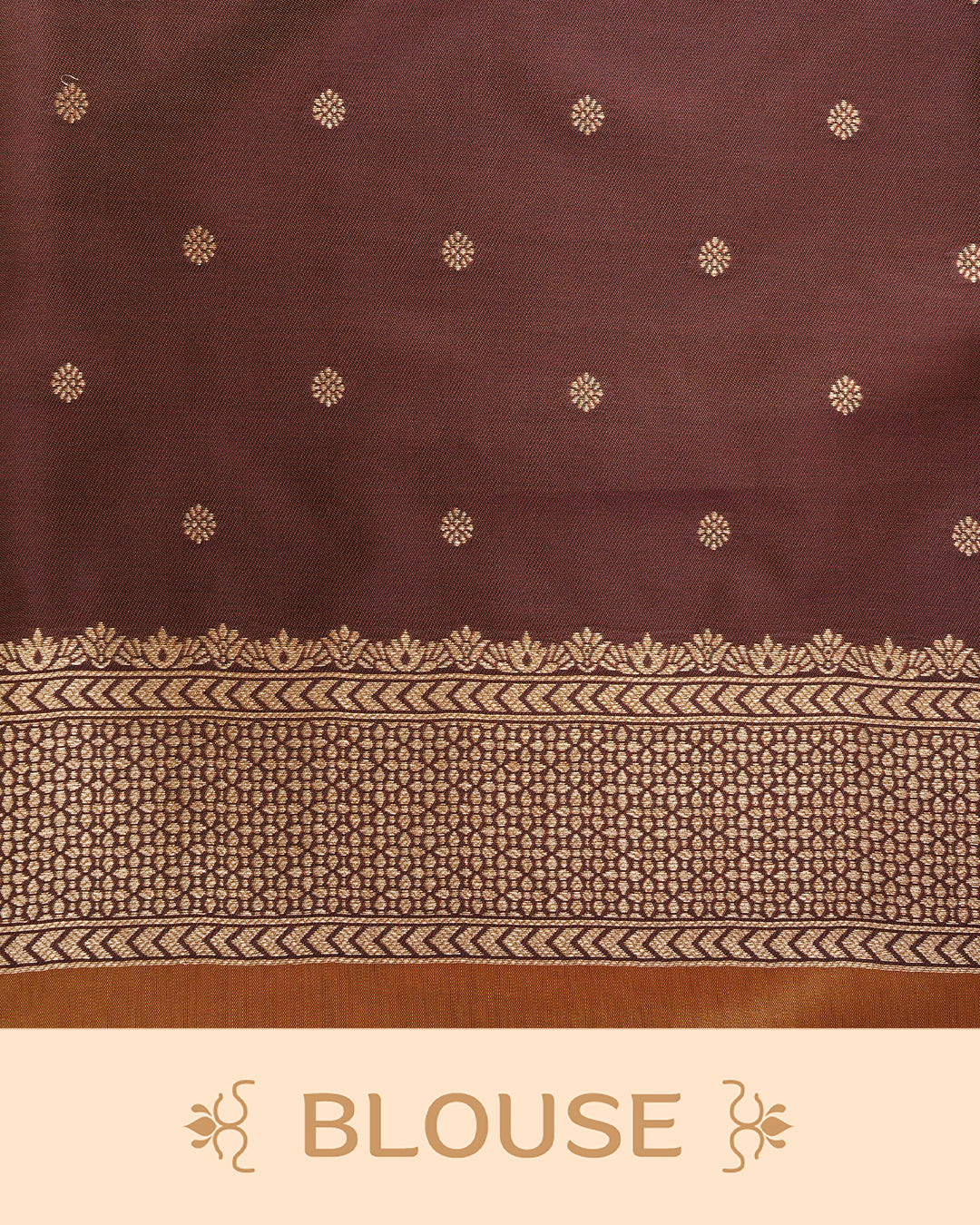 Copper & gold double shade Mulberry silk saree featuring floral gold zari patterns on body, paired with contrast teal colour with traditional border, comes with matching blouse piece.