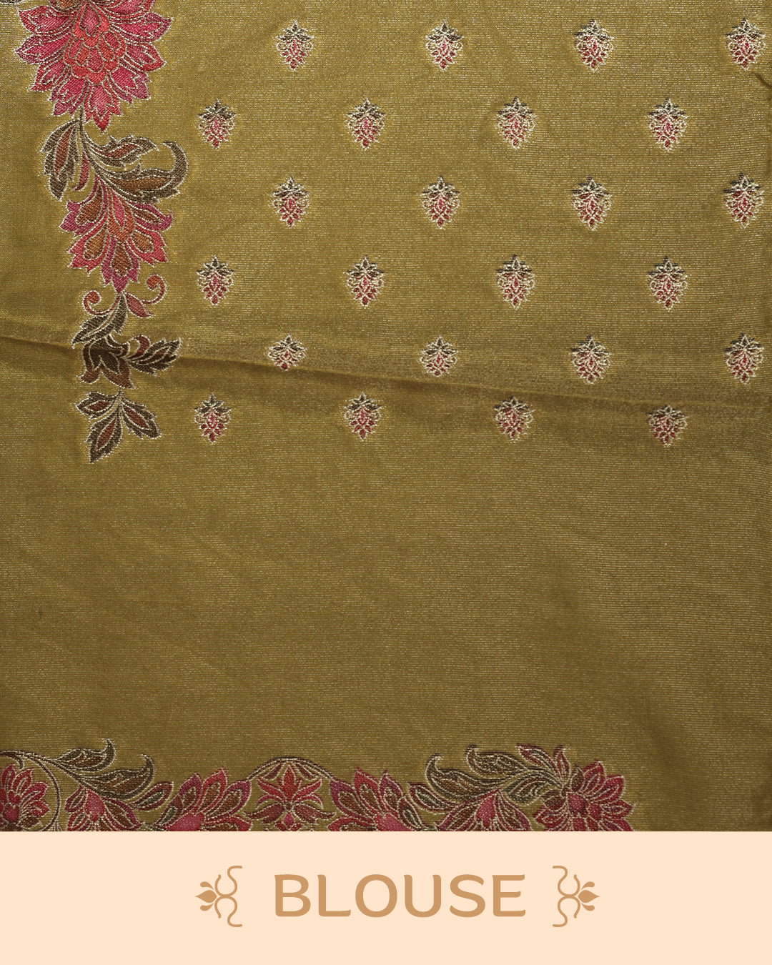 Olive yellow Colour Pashmina Saree featuring Plain body, complemented by Contrast colour with Floral pattern & gold zari on border and Pallu, comes with matching blouse piece.