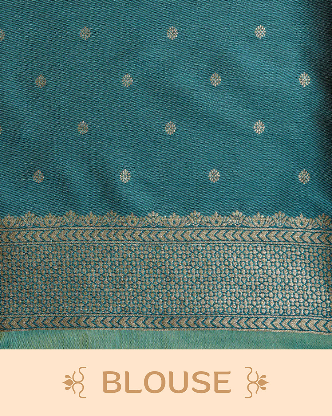 Green & gold double shade Mulberry silk saree featuring gold zari patterns on body , paired with contrast teal colour with traditional border, comes with matching blouse piece.