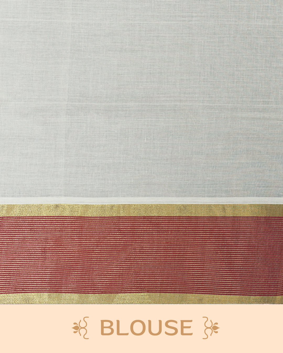 Cream colour Kerala saree Featuring an Elegant plain body, complemented by a classic gold & Red zari border, matching blouse piece.
