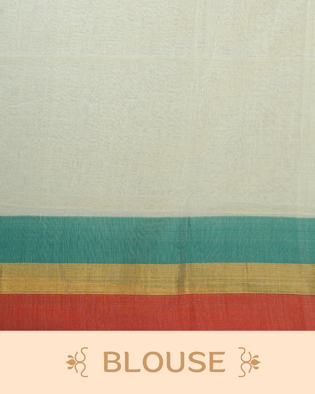 Cream colour Mul cotton saree featuring Elegant Plain body, complemented by contrast Red, Green & gold zari border & Tassels.