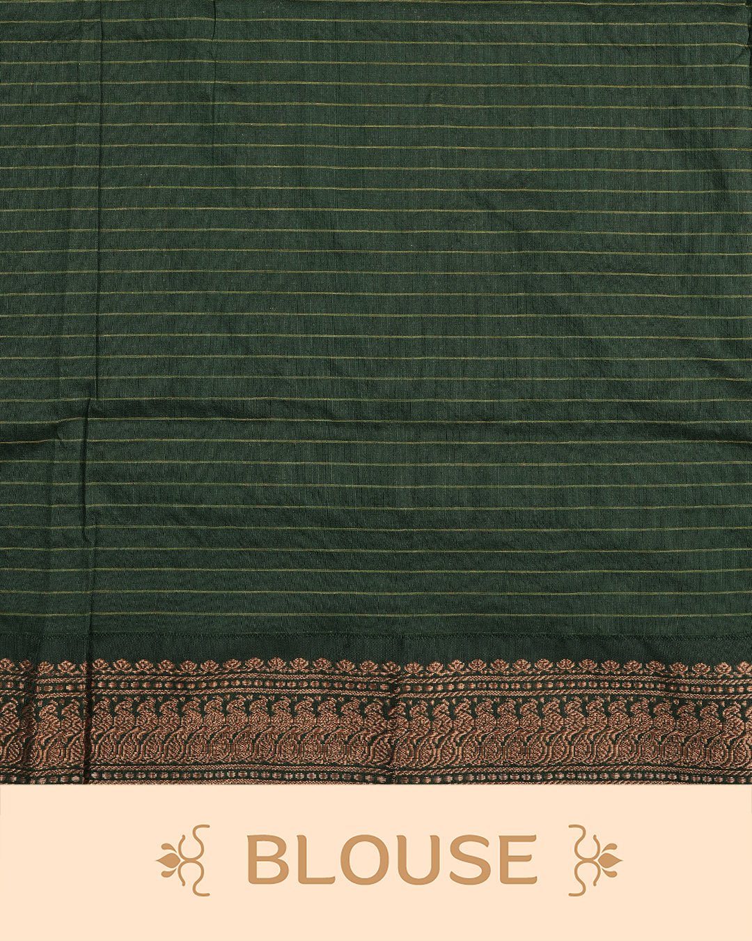 Maroon colour kalyani cotton saree featuring gold zari check pattern on body, complemented by Green colour with Antique zari border, paired with matching blouse piece