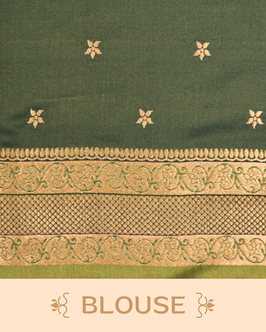 Olive green & gold double shade Mulberry silk saree featuring floral gold zari patterns on body, paired with contrast forest green colour with traditional border, comes with matching blouse piece.