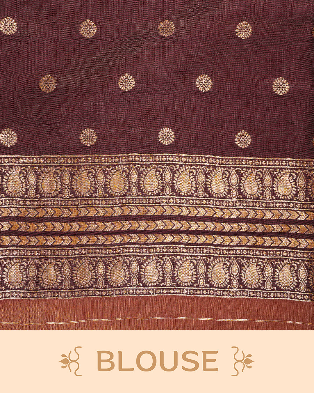 Rust orange & gold double shade Mulberry silk saree featuring floral gold zari patterns on body, paired with contrast maroon colour with traditional border, comes with matching blouse piece.