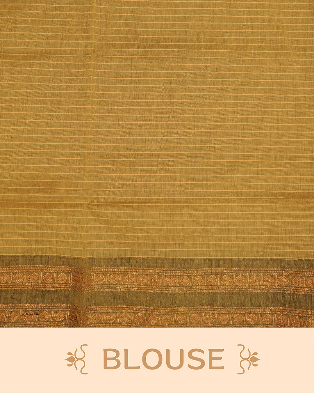 Mustard colour kalyani cotton saree featuring gold zari check pattern on body, complemented by Olive colour with Antique zari border, paired with matching blouse piece