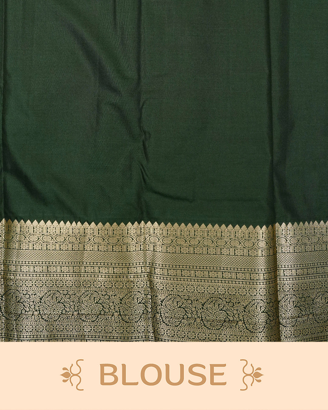 Dark Green colour semi wedding saree featuring gold zari Floral kodi Pattern on body, contrast Self colour with traditional border, paired with matching blouse piece.