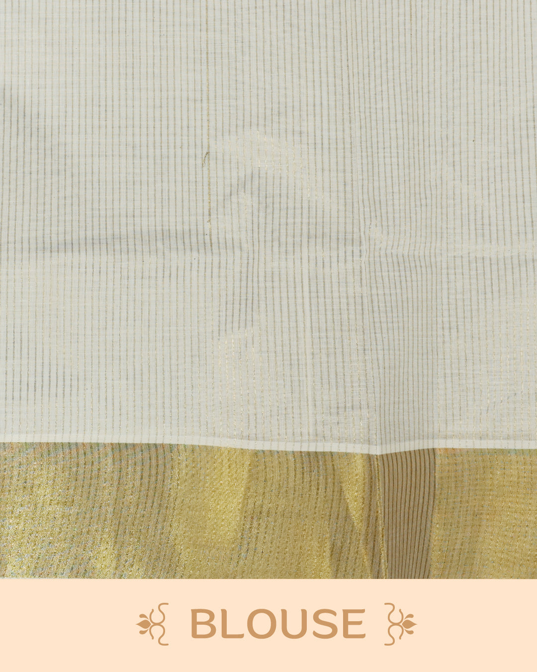 Cream colour Kerala saree Featuring Gold zari stripes on the body, complemented by a classic gold zari border, matching blouse piece.